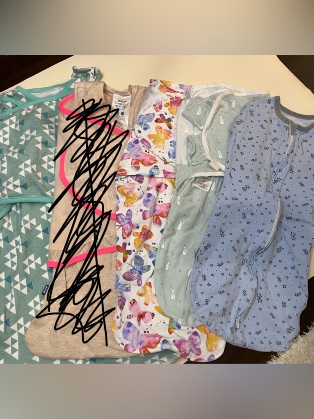 Bundle of Four 0-6 Month baby Swaddles Various Brands